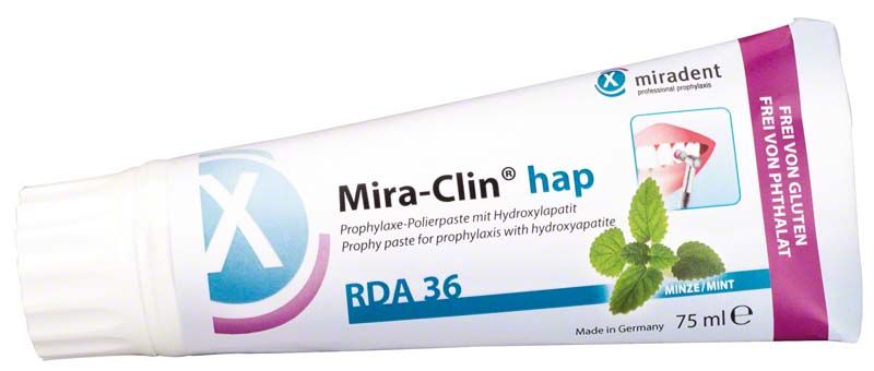 Mira-Clin® hap Polierpaste Tube 75ml mit Minzgeschmack auf weißem Hintergrund.