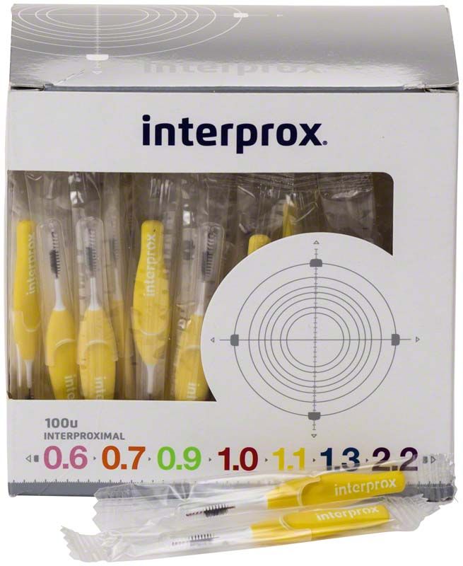 interprox® Box mini (gelb) mit gelben Interdentalbürsten in transparenten Verpackungen