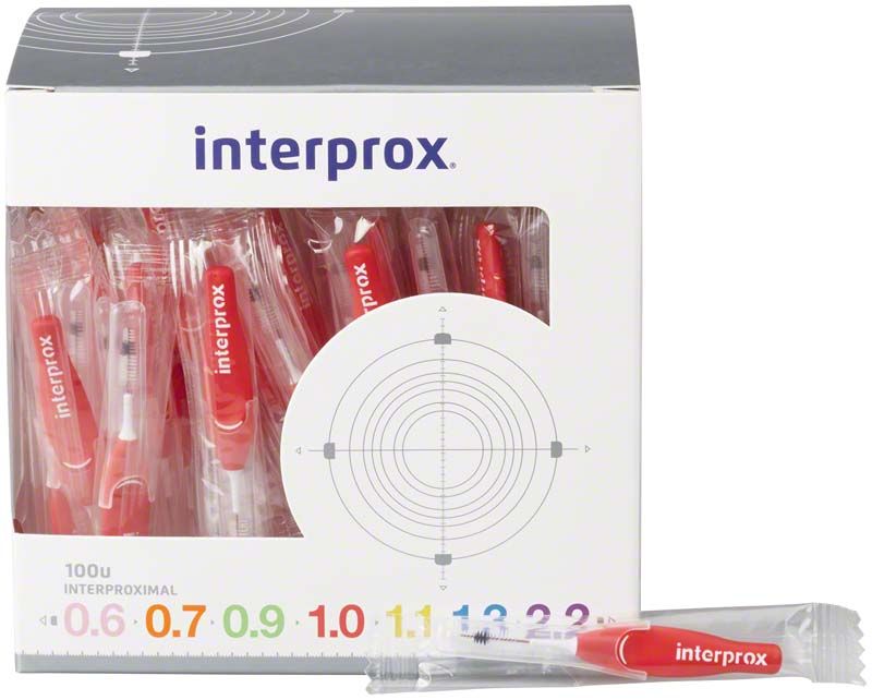 Interprox® Box miniconical mit roten Interdentalbürsten und Verpackungsdesign.