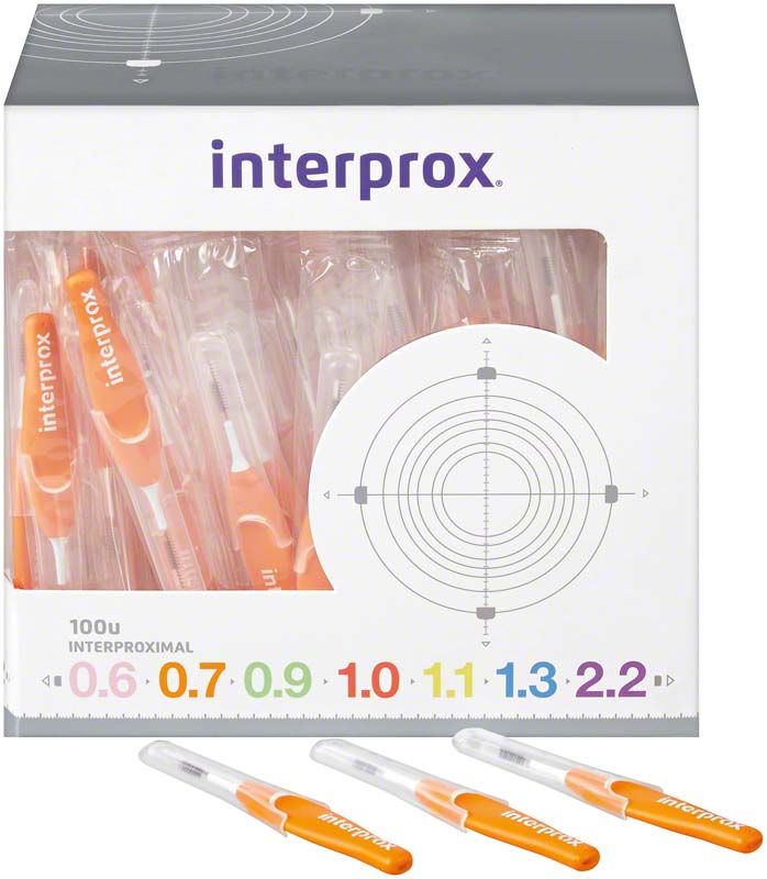 Interprox® Box super micro orange Interdentalbürsten im Karton mit Sichtfenster.