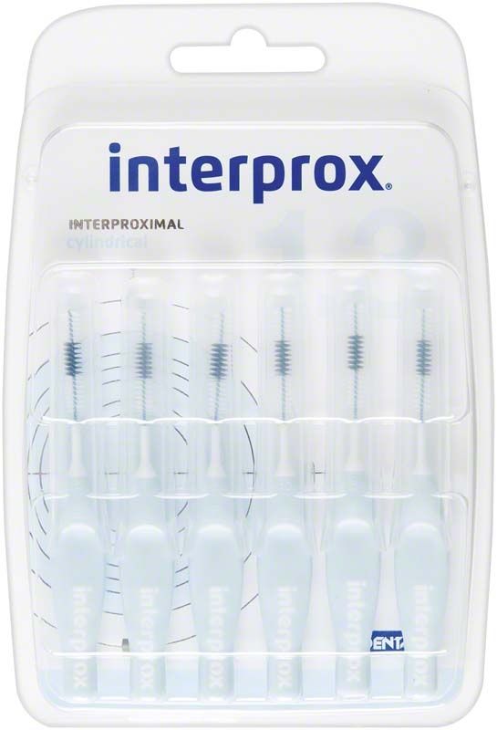 Interprox® Blister zylindrisch in hellblauer Verpackung mit acht Interdentalbürsten.