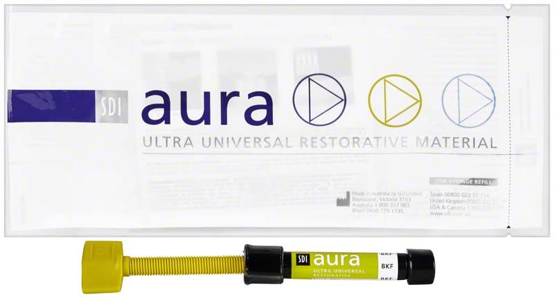 Aura Bulk Fill Spritze mit Verpackung für dentale Restaurationen.