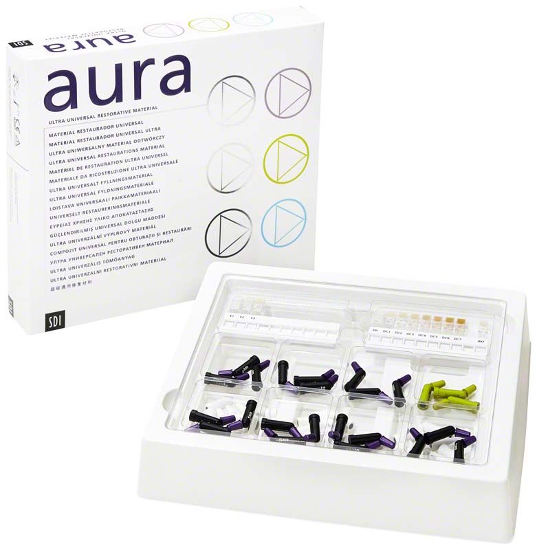 Verpackung von Aura Complet E1 mit restaurativem Material und Farbmuster.