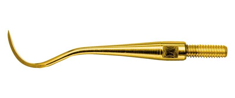 Einschraubbare goldene Scaler-Spitze für präzise Zahnsteinentfernung.