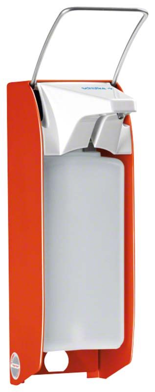 Präparatespender 500 ml mit rotem Kurzarmgehäuse und Hebel.