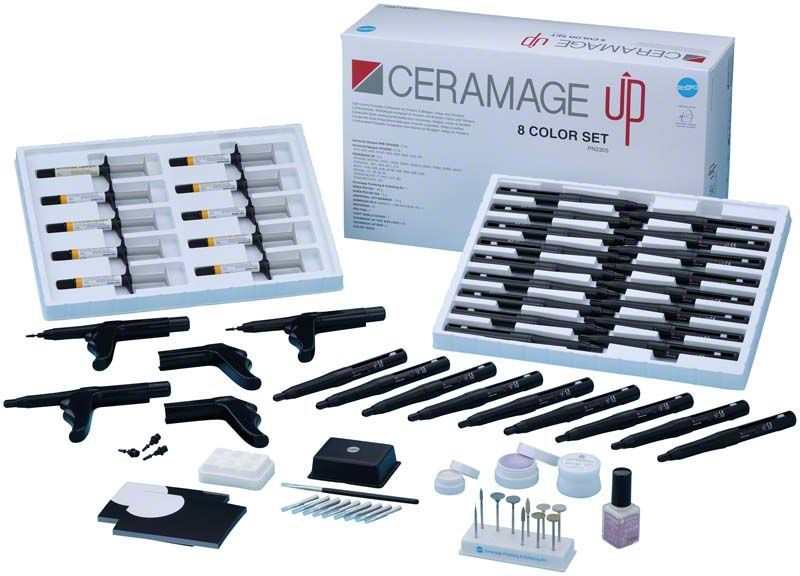 CERAMAGE UP 8 Color Set mit verschiedenen Farbkomponenten und Zubehör.