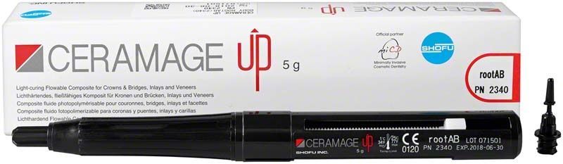Zahnmedizinisches Komposit CERAMAGE UP rootAB in schwarzer Kartusche mit Verschluss.