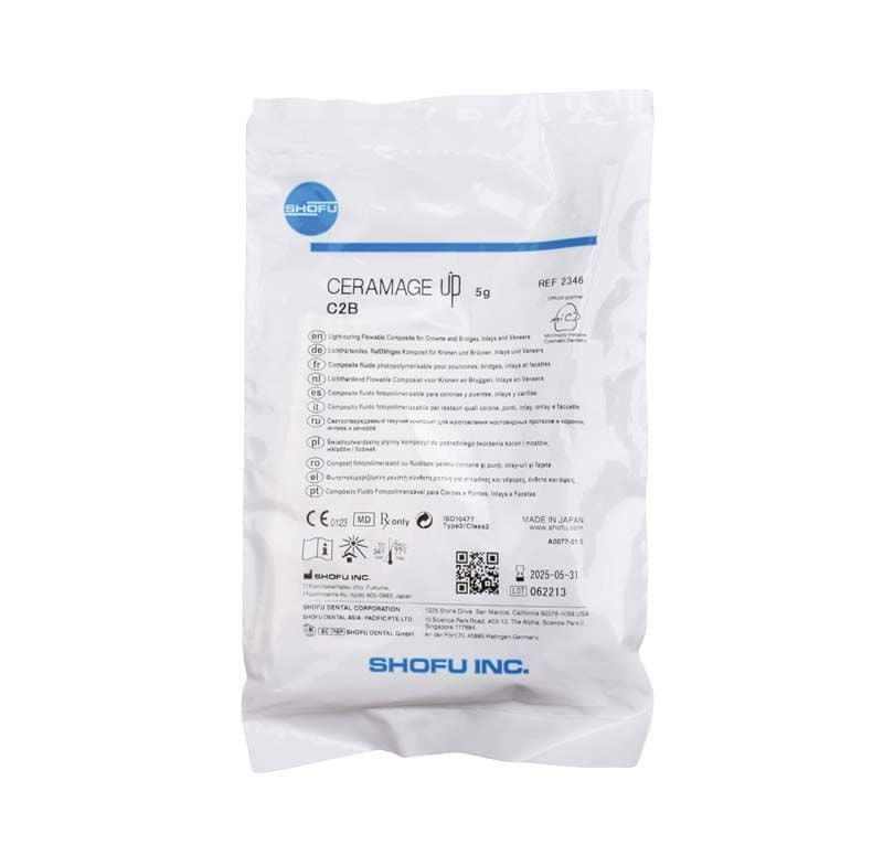 CERAMAGE UP Body C2B Verblendmaterial in weißer Verpackung mit Produktinformationen.