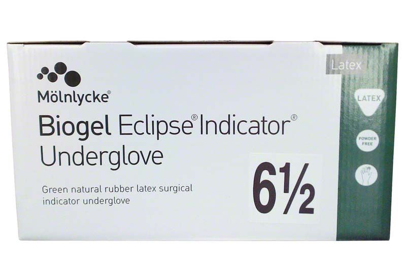 Biogel Eclipse® Indicator® Operationshandschuh Gr. 6,5 Verpackung mit Latex- und puderfreiem Hinweis.