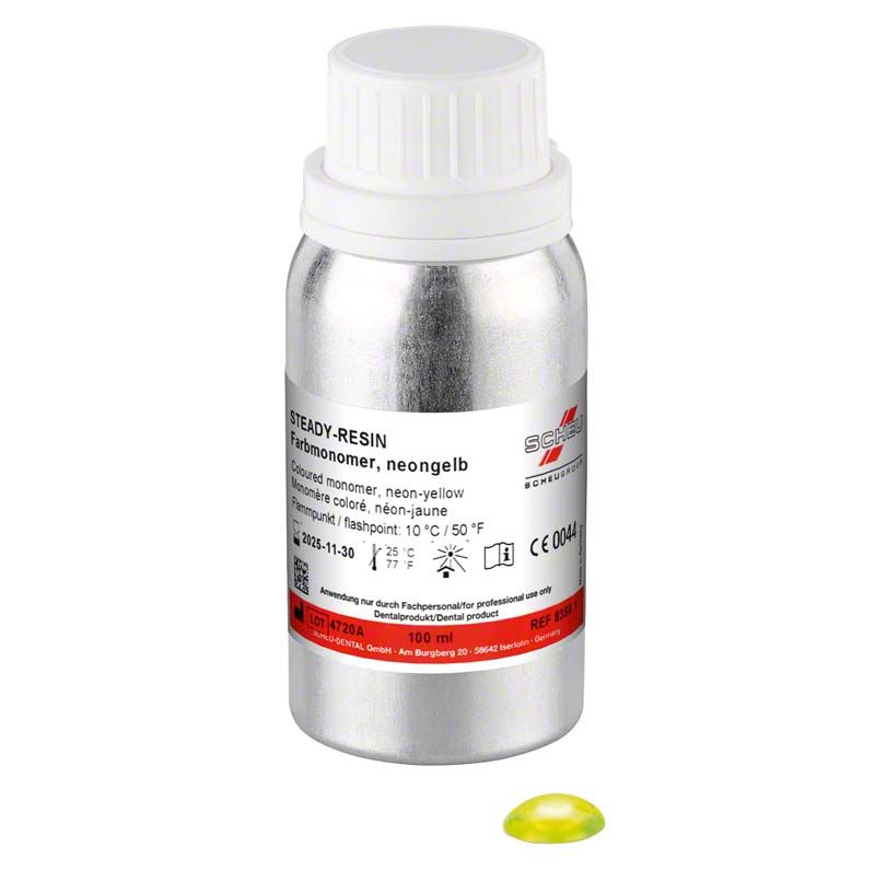 STEADY-RESIN Neonmonomere 100ml, silberne Flasche mit neongelbem Inhalt.