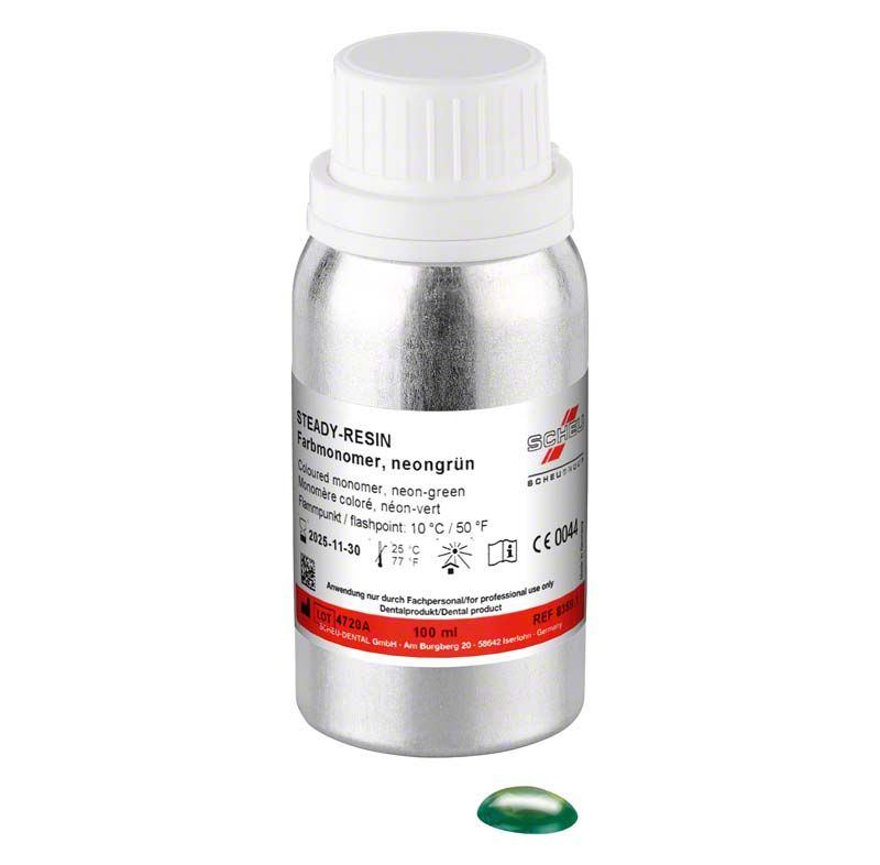 Metallflasche STEADY-RESIN Neonmonomere 100ml, neongrüne Flüssigkeit sichtbar.