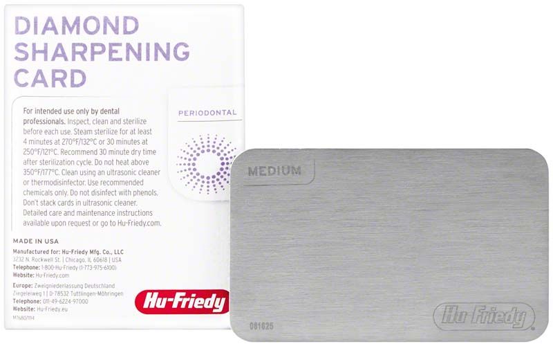 Diamantschärfkarte mit mittlerer Körnung und Herstellerlogo Hu-Friedy.