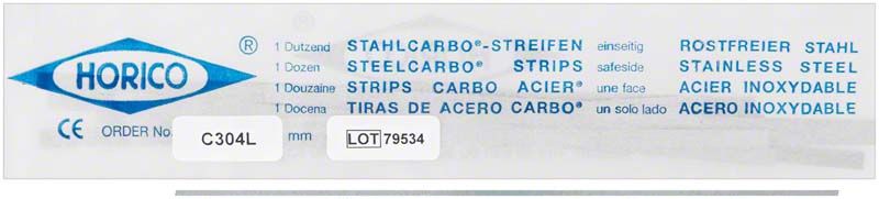 Stahlcarbo®-Streifen C304L in Verpackung mit mehrsprachiger Beschriftung.