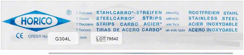 Stahlcarbo®-Streifen G304L in Verpackung mit Mehrsprachigkeit und Logo.