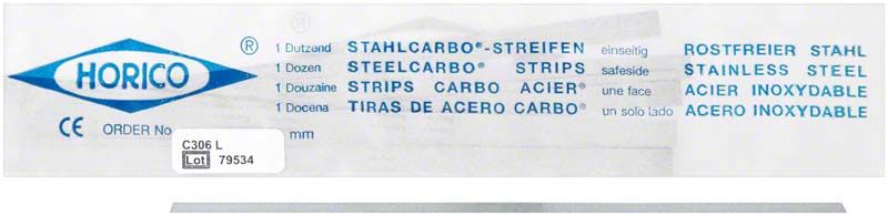 Stahlcarbo®-Streifen mit Lücke C306L, 0,09mm, 6mm, rot, einseitig, Verpackung.