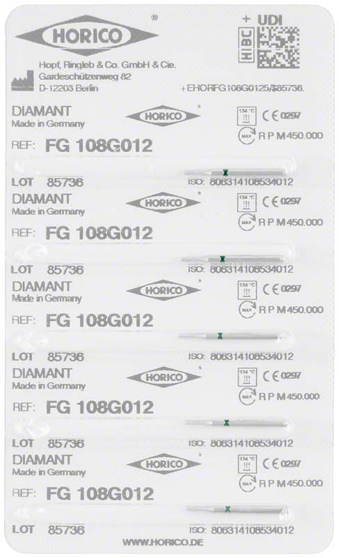 Blisterpackung mit Diamant FG 108G 012 Schleifinstrumenten aus Deutschland.