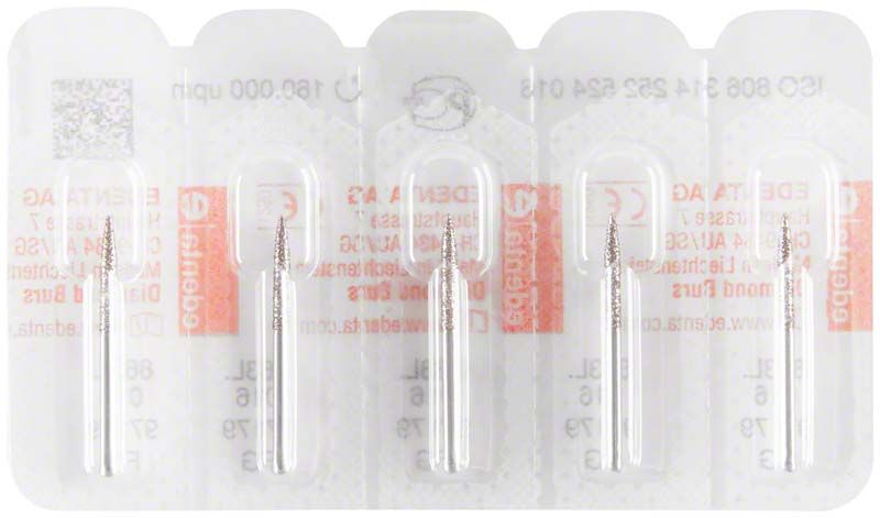 Verpackung mit vier Diamant-FG-863L-016-Dentalbohrern.