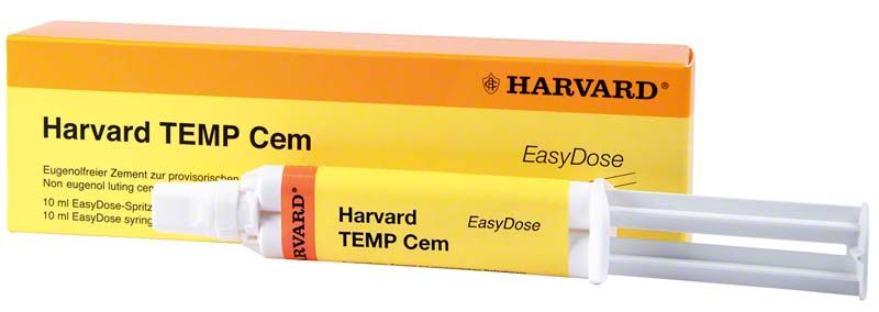 Harvard TEMP Cem EasyDose-Spritze vor gelber Verpackung.
