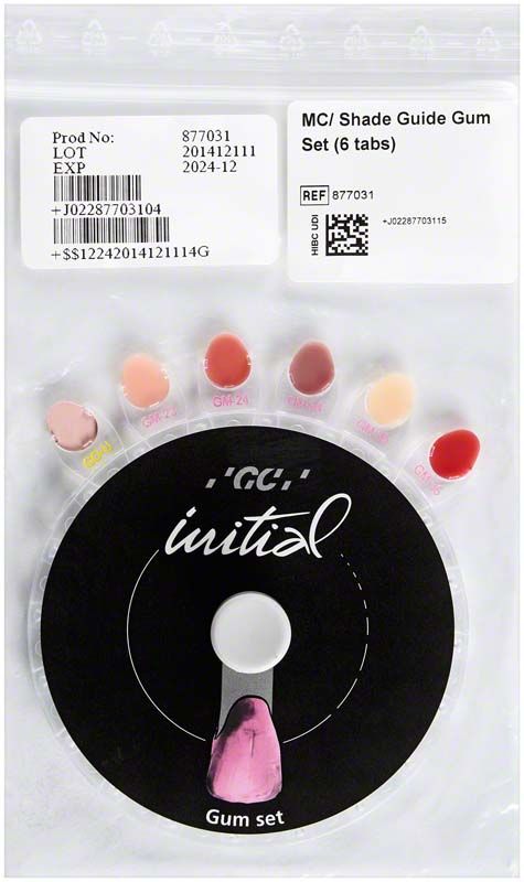 GC Initial Zahnfleischfarbener Shade Guide Gum Set mit sechs Farbreiter.