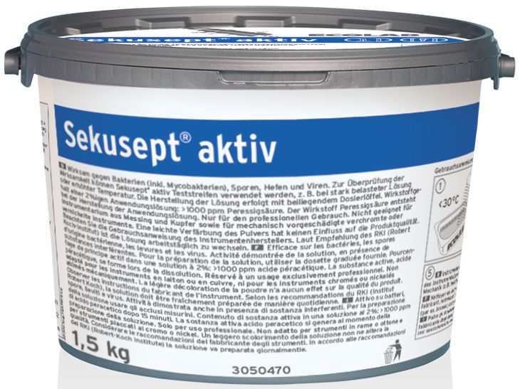 Sekusept aktiv Eimer mit 1,5 kg Desinfektionspulver und blauem Etikett.