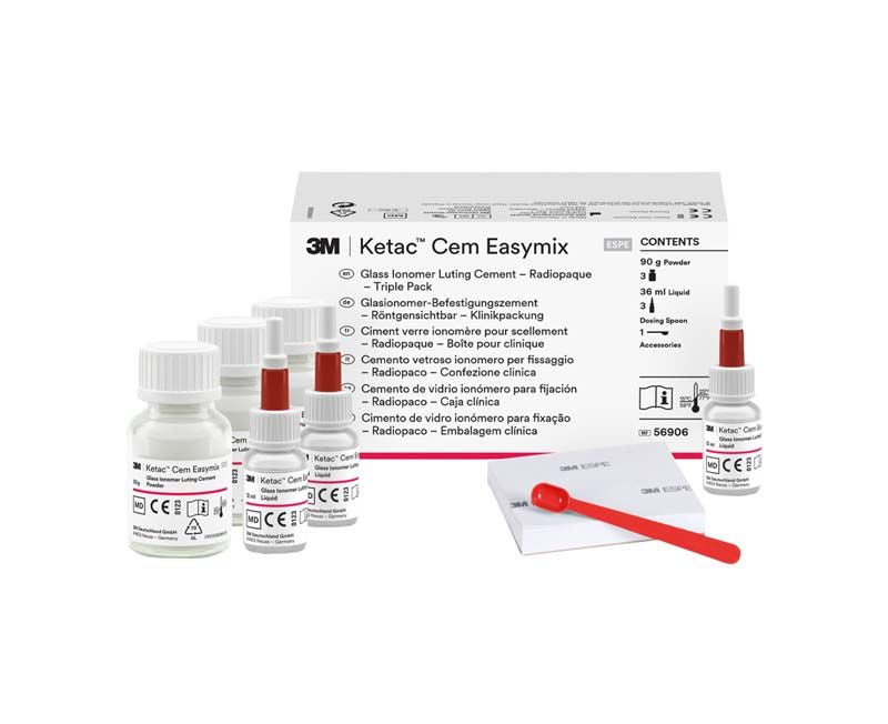 Ketac™ Cem Easymix Großpackung mit Glasionomerzement und Zubehörteilen.