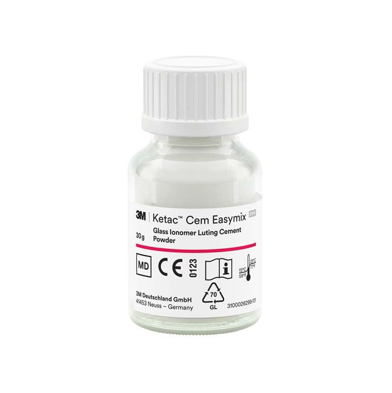 Ketac™ Cem Easymix Glas-Ionomer-Zementflasche mit Etikett und Dosieranleitung.