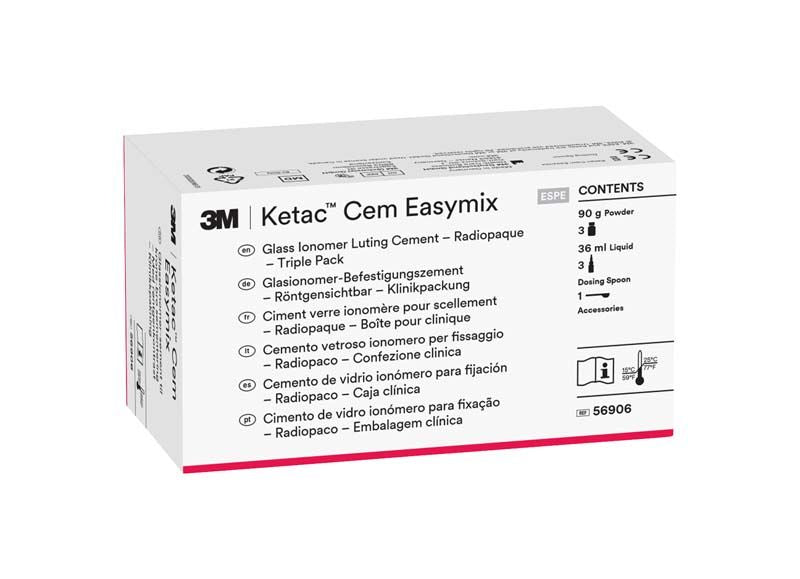 Ketac™ Cem Easymix Großpackung mit Glasionomerzement und Inhaltsangaben auf der Verpackung.