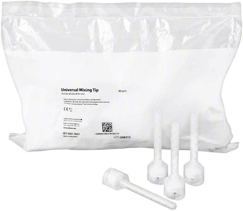 Universal Mixing Tips 40er Pack in transparenter Verpackung mit vier losen Mischdüsen.