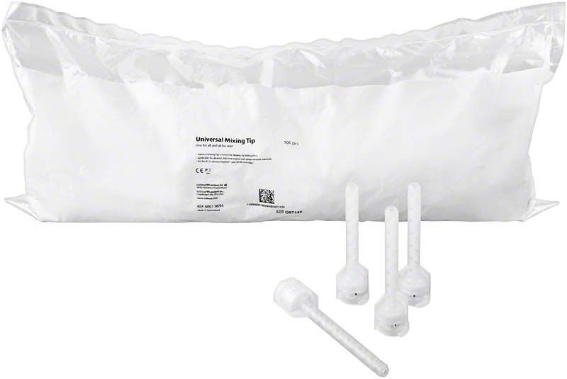 Universal Mixing Tips 100er Pack für dentale Anwendungen, Nahaufnahme.