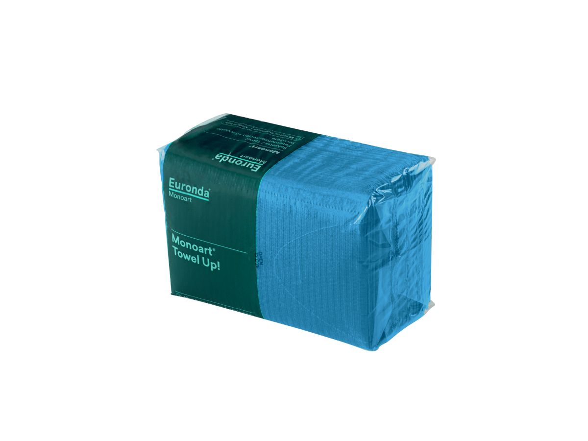 Monoart Patientenservietten Towel UP in Capri-Blau, verpackt in Folie.