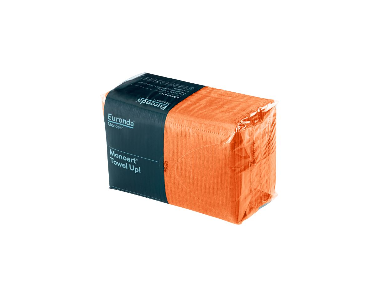 Monoart Patientenservietten Towel UP orange in wiederverschließbarer Verpackung.