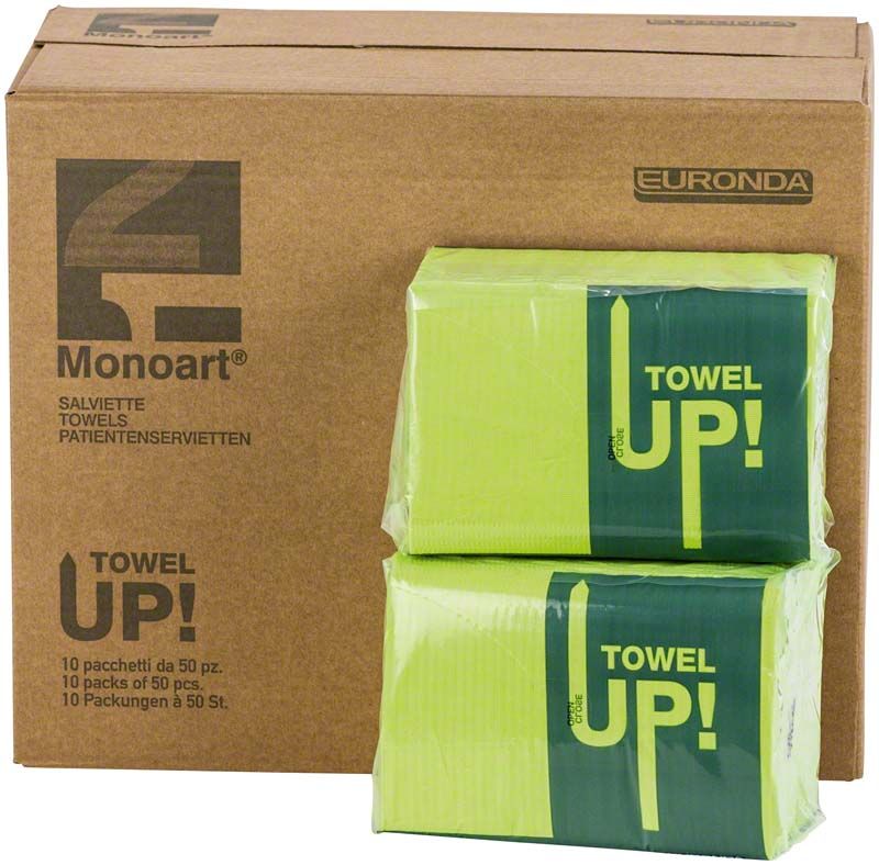 Monoart Patientenservietten Towel UP cedro in grüner Verpackung.