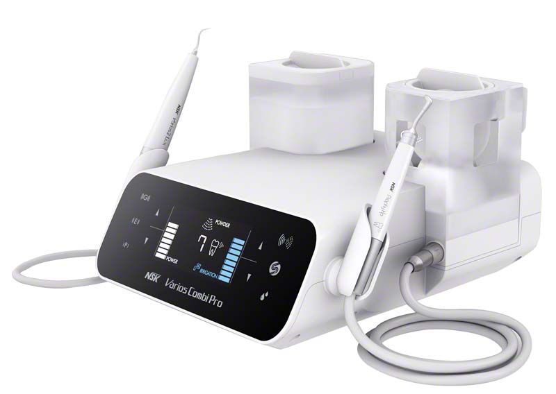 Varios Combi Pro Basic Set mit Ultraschall- und Pulverstrahlfunktion auf weißem Hintergrund.