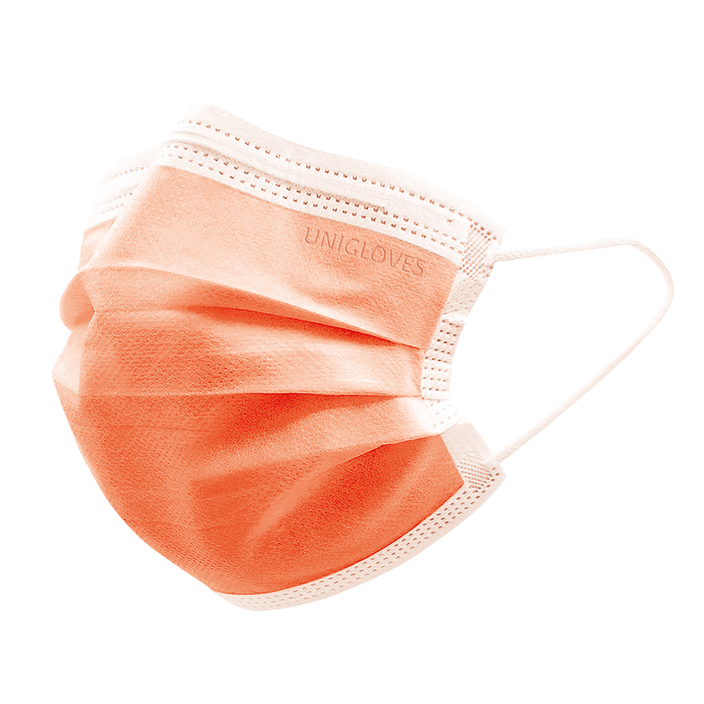 Einmalmundschutz in Orange mit elastischen Bändern.