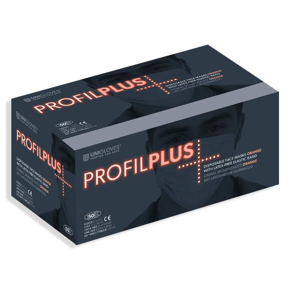 Verpackung des latexfreien PROFIL PLUS OP-Mundschutzes in Orange.