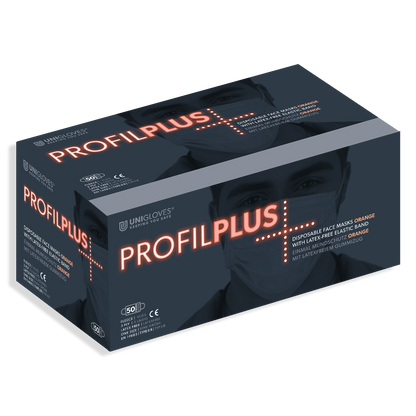 Verpackung des latexfreien PROFIL PLUS OP-Mundschutzes in Orange.