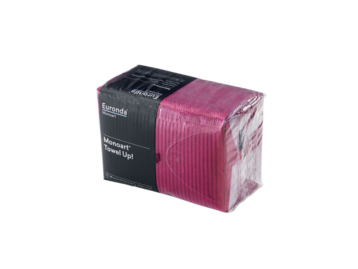 Monoart Patientenservietten Towel UP weinrot in wiederverschließbarer Verpackung.