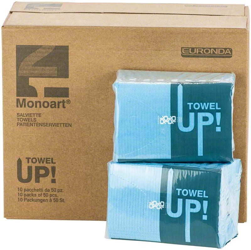 Monoart Patientenservietten Towel UP hellblau in Verpackung mit Markenlogo.