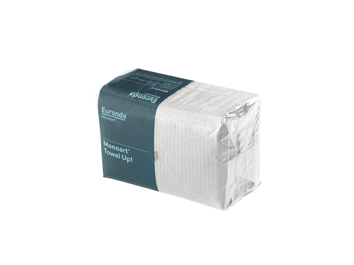 Monoart Patientenservietten Towel UP weiß in wiederverschließbarer Verpackung.