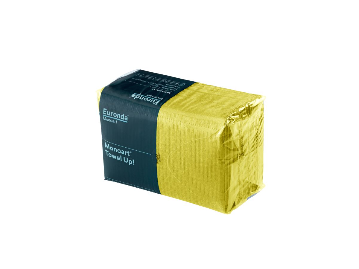 Monoart Patientenservietten Towel UP in gelber Verpackung mit Hygienefolie.