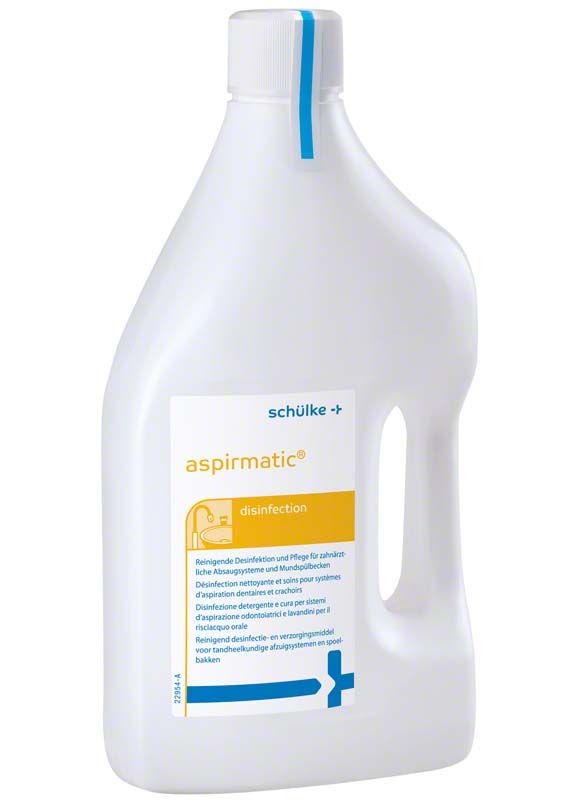 Flasche Aspirmatic-Desinfektionsmittel mit blauem und gelbem Etikett.