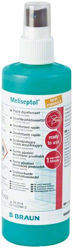 Meliseptol New Formular 250ml Sprühflasche mit Etikett und Sprühkopf.