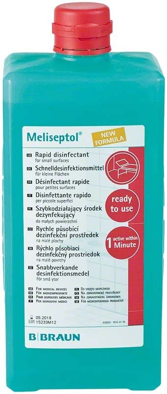 Meliseptol New Formula 1-Liter-Dosierflasche mit rotem Verschluss.
