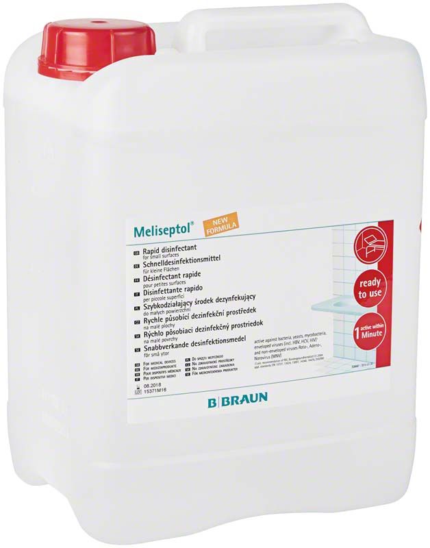 Meliseptol New Formular 5 Liter Kanister mit rotem Verschluss und Etikett.