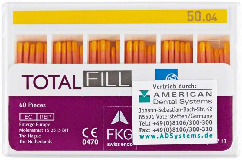 Guttaperchaspitzen TotalFill® BC Points™ Taper .04 Iso 050 in Verpackung.