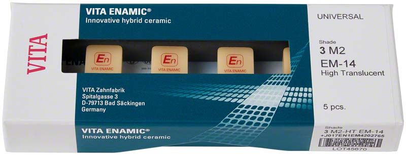 VITA ENAMIC® Universal EM-14 HT 3M2 in Originalverpackung mit fünf Blöcken.