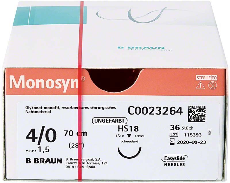 Verpackung von Monosyn® 4/0, 70 cm, chirurgisches Nahtmaterial.