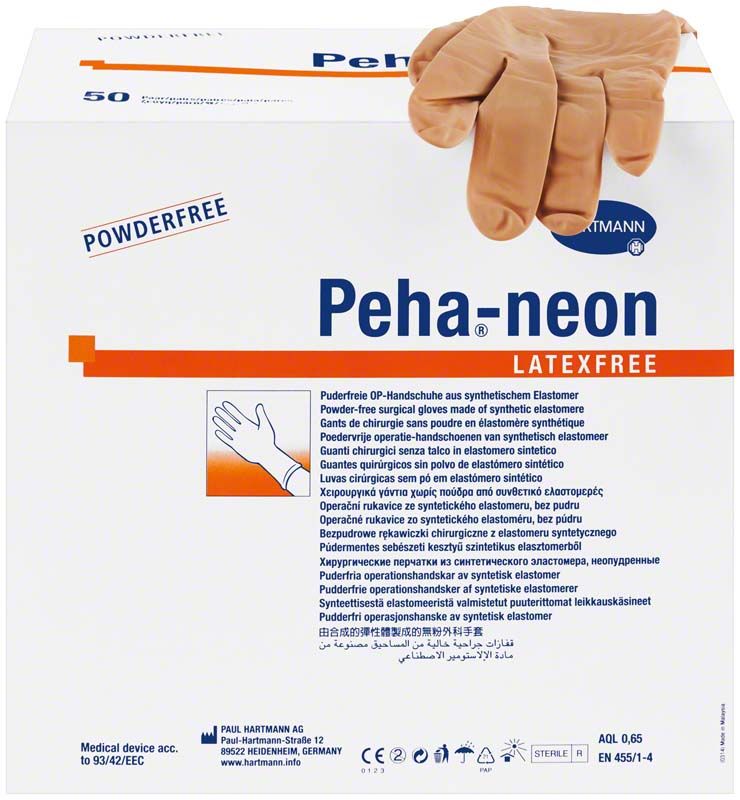 Peha®-neon latexfreie OP-Handschuhe Größe 6,5, puderfrei in Verpackung.