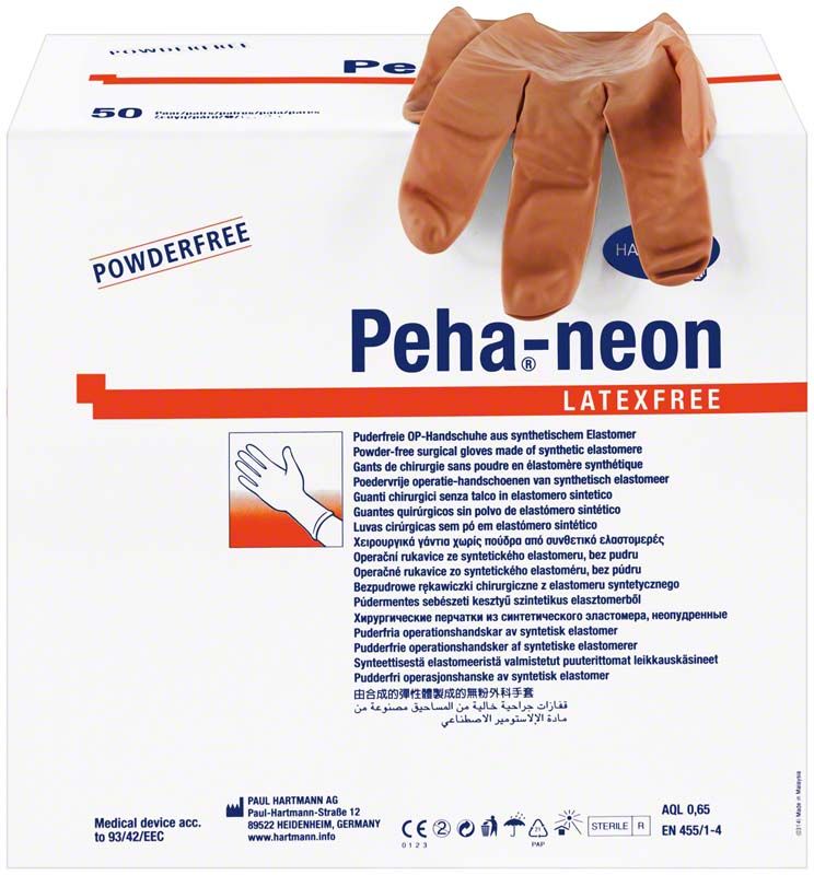 Puderfreie OP-Handschuhe Peha®-neon latexfree Größe 7 in Verpackung.