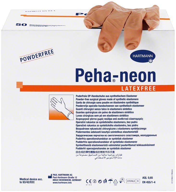 OP-Handschuhe Peha®-neon latexfree Größe 7,5 auf Verpackung.